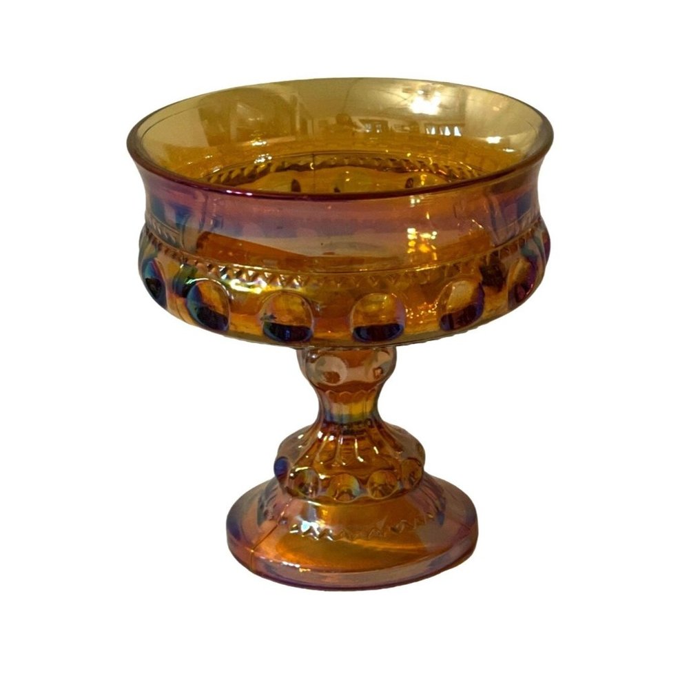 Vintage Amber Colored Carnival Glass Pedestal Bowl with Geometric Dot Pattern
